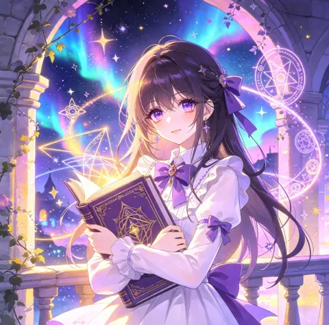抱着发光书本的少女插画