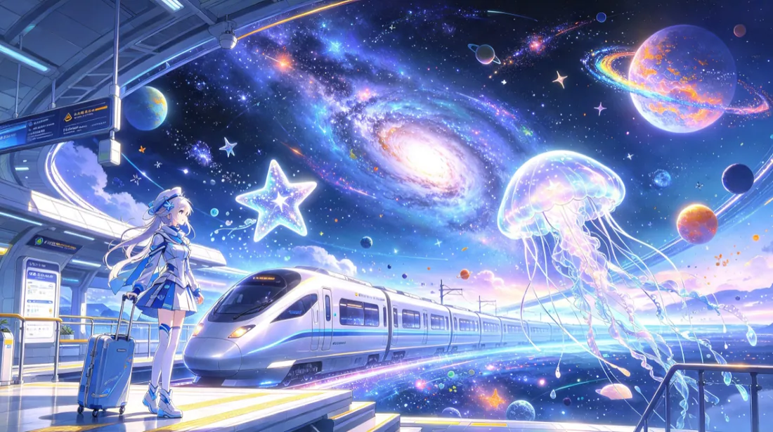 星河中列车与水母的奇幻插画