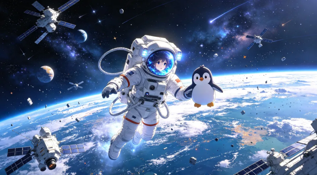 太空中漂浮的宇航员与企鹅的插画