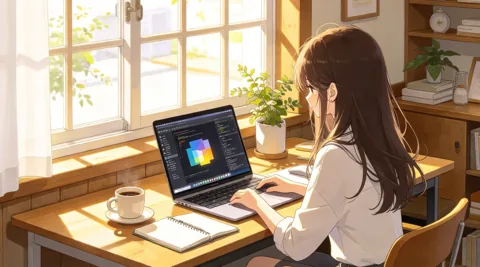 窗边阳光下用笔记本电脑的人物动漫风插画