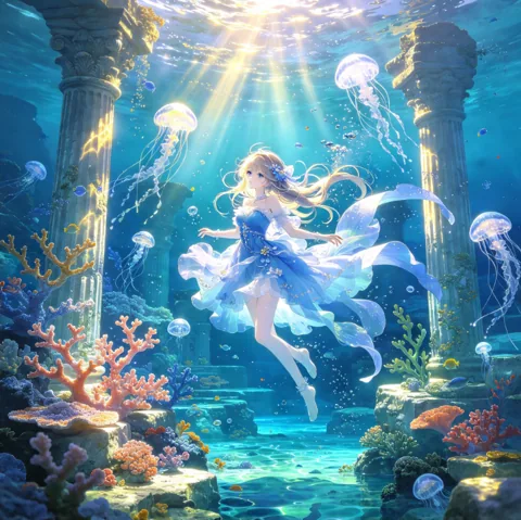 海底光影里的人物插画