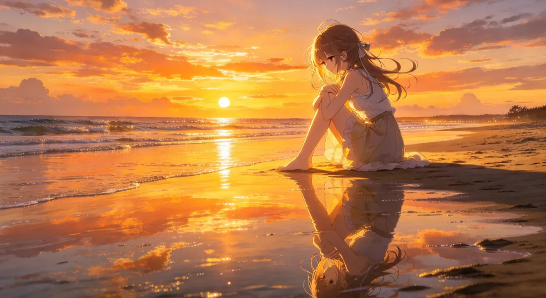 夕阳下海边坐着的人物插画
