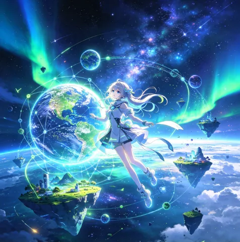 地球与极光边的少女插画